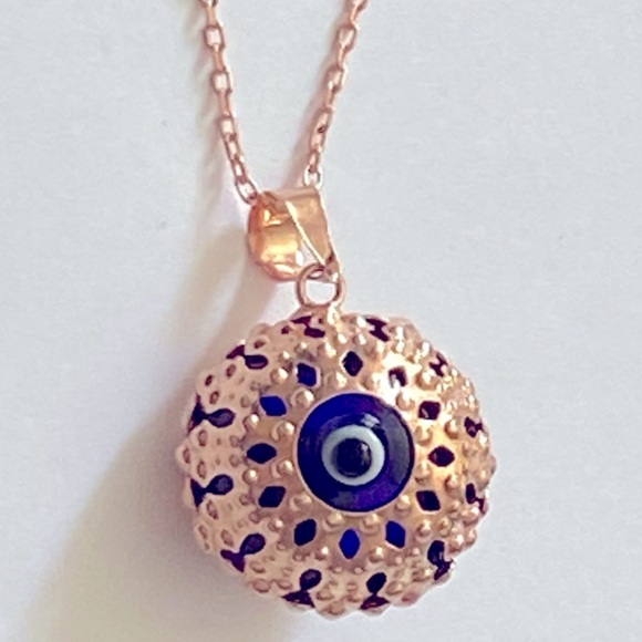 Other - 🧿925 Silver necklace blue glass evileye bead 14K rose gold plated